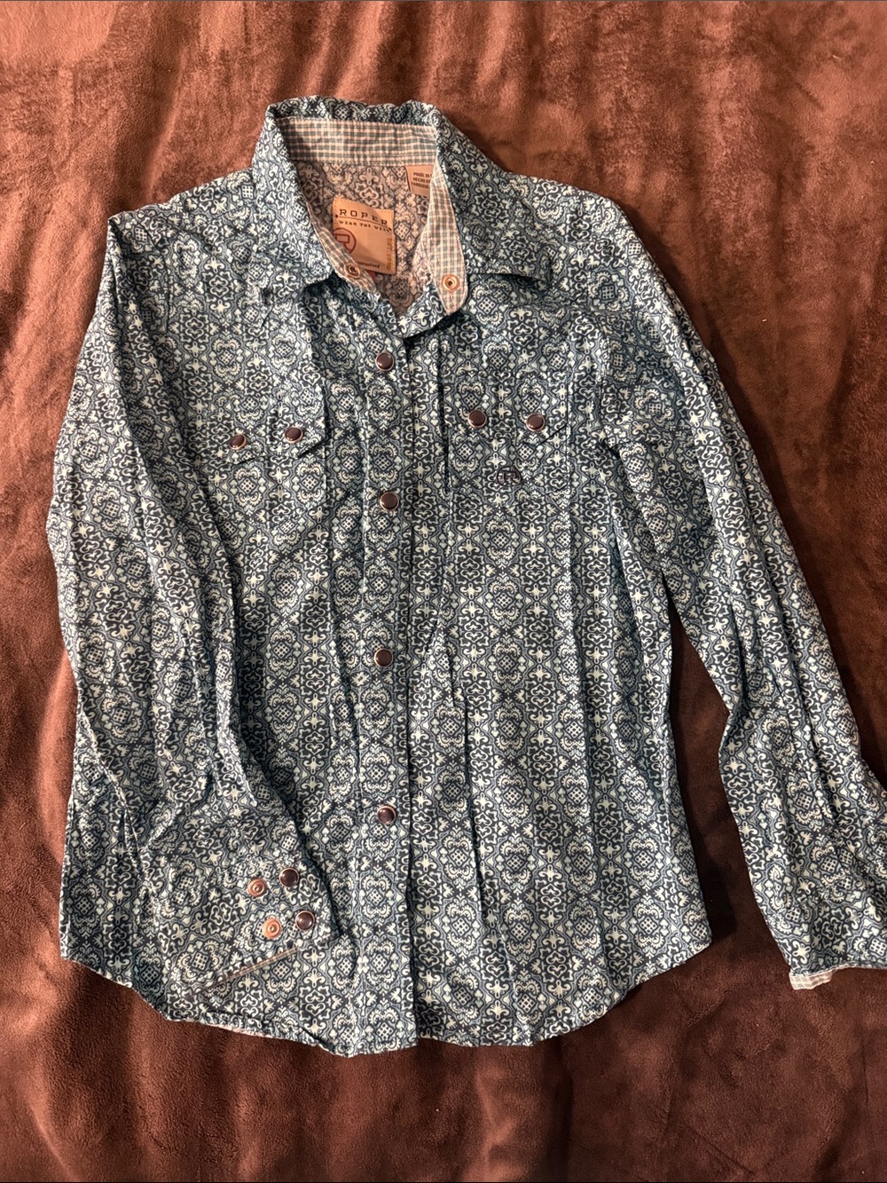 Roper Teal & Light Blue Printed Button-Down Shirt - size 6